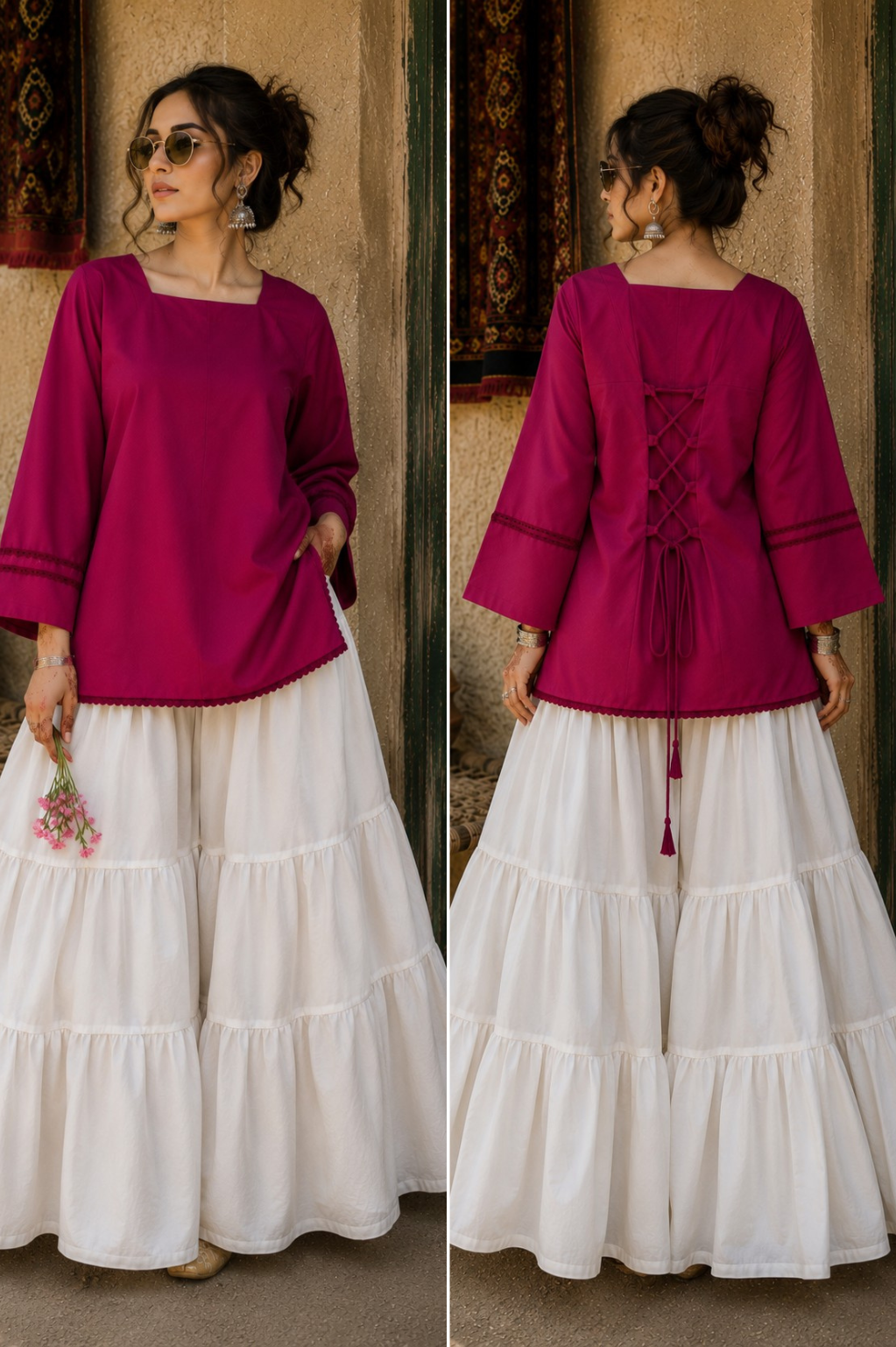 Elegant Lace-Up Co-Ord Set for Women – Pink & White - CS-02