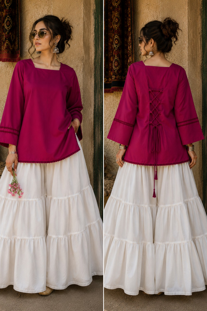 Elegant Lace-Up Co-Ord Set for Women – Pink & White - CS-02