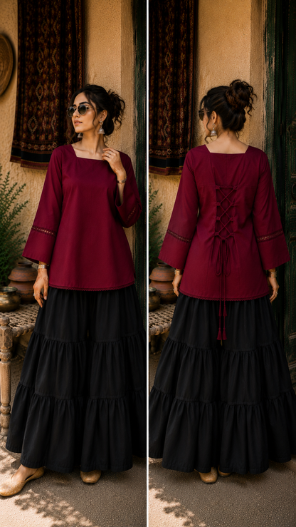 Elegant Lace-Up Co-Ord Set for Women – Maroon & Black - CS-01
