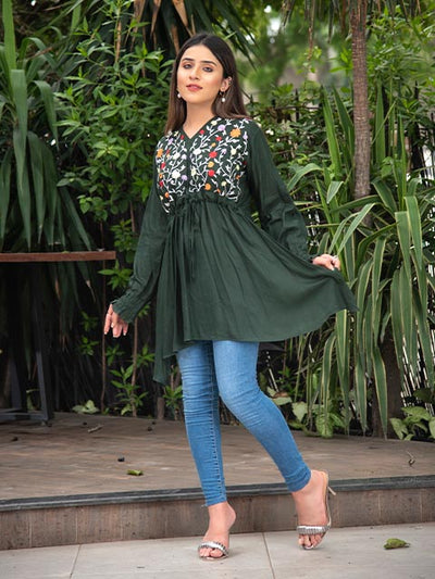 Green V Neck Shirred Embroidered (AB-510)