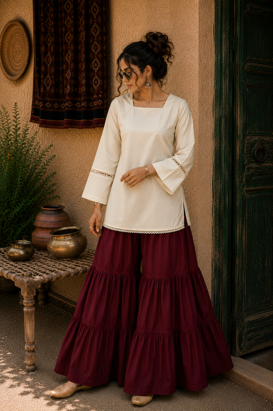 Elegant Lace-Up Co-Ord Set for Women – Off-White & Maroon- CS-04
