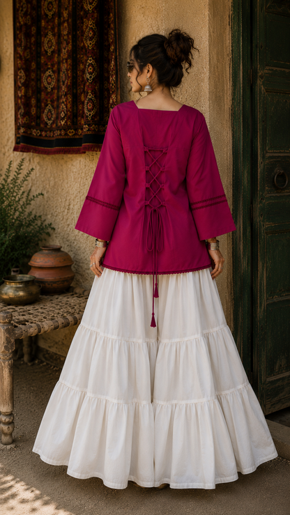 Elegant Lace-Up Co-Ord Set for Women – Pink & White - CS-02