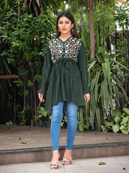 Green V Neck Shirred Embroidered (AB-510)