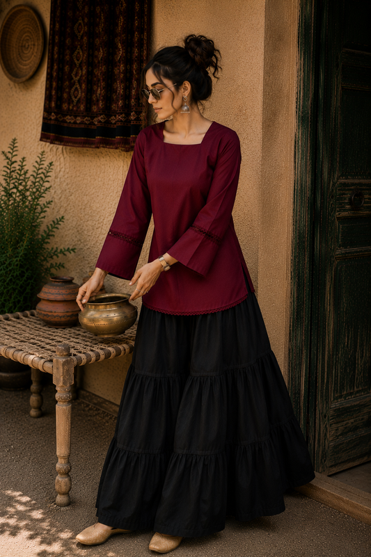 Elegant Lace-Up Co-Ord Set for Women – Maroon & Black - CS-01