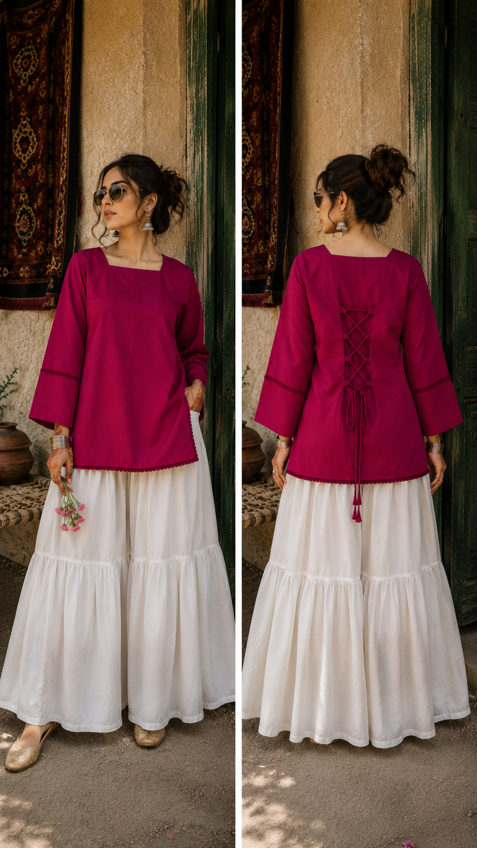 Elegant Lace-Up Co-Ord Set for Women – Pink & White - CS-02