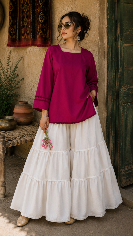 Elegant Lace-Up Co-Ord Set for Women – Pink & White - CS-02