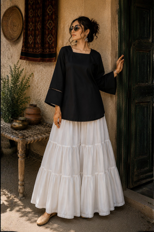 Elegant Lace-Up Co-Ord Set for Women – Black & White - CS-03
