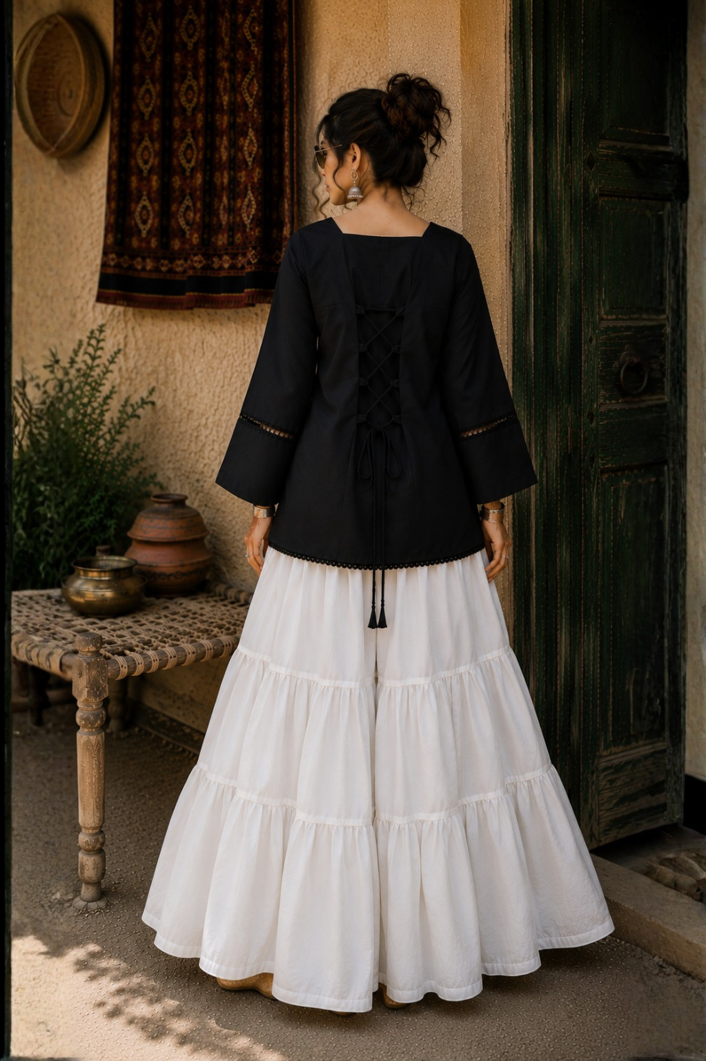 Elegant Lace-Up Co-Ord Set for Women – Black & White - CS-03
