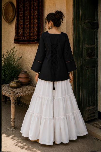 Elegant Lace-Up Co-Ord Set for Women – Black & White - CS-03