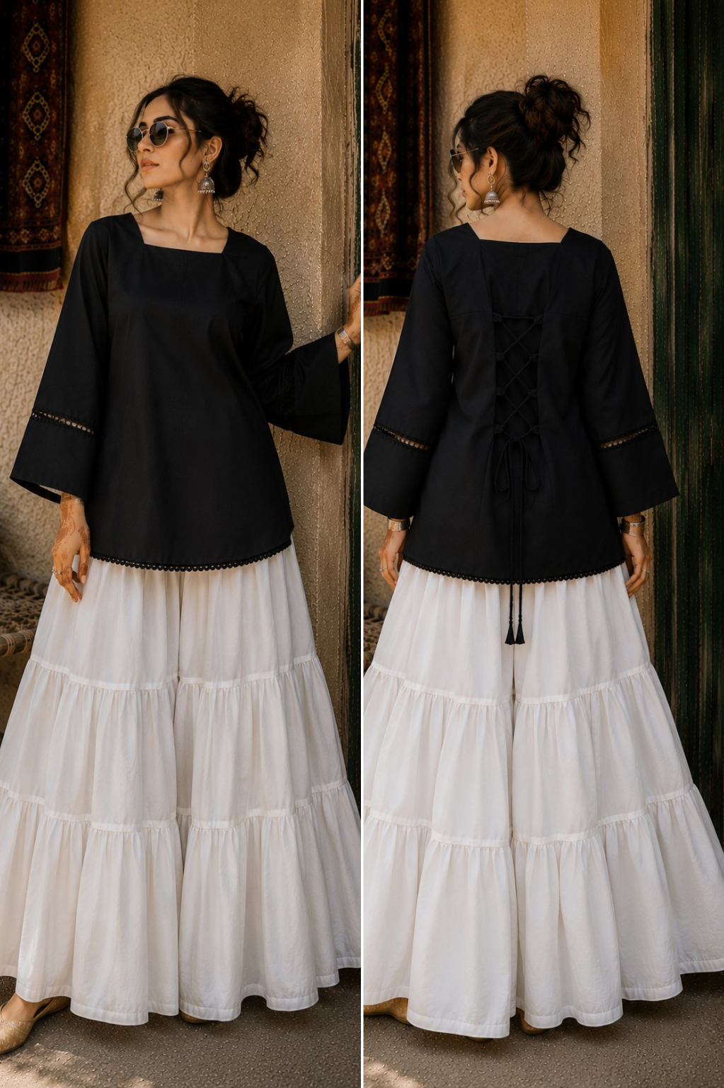 Elegant Lace-Up Co-Ord Set for Women – Black & White - CS-03