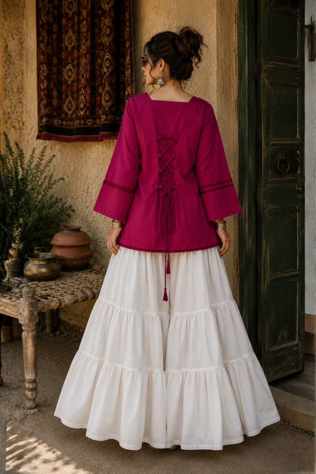 Elegant Lace-Up Co-Ord Set for Women – Pink & White - CS-02
