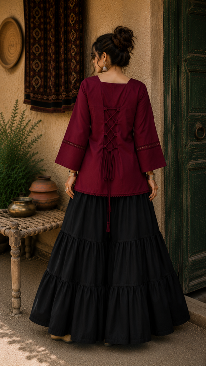 Elegant Lace-Up Co-Ord Set for Women – Maroon & Black - CS-01