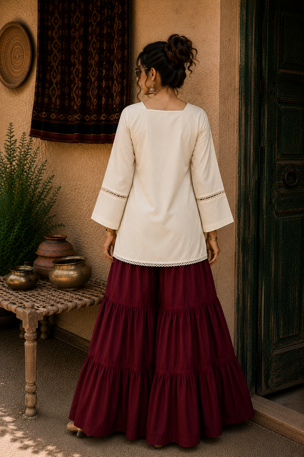Elegant Lace-Up Co-Ord Set for Women – Off-White & Maroon- CS-04