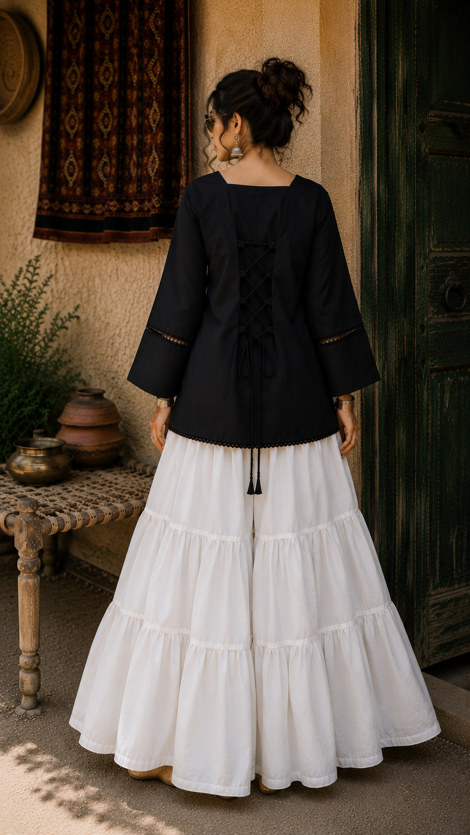 Elegant Lace-Up Co-Ord Set for Women – Black & White - CS-03