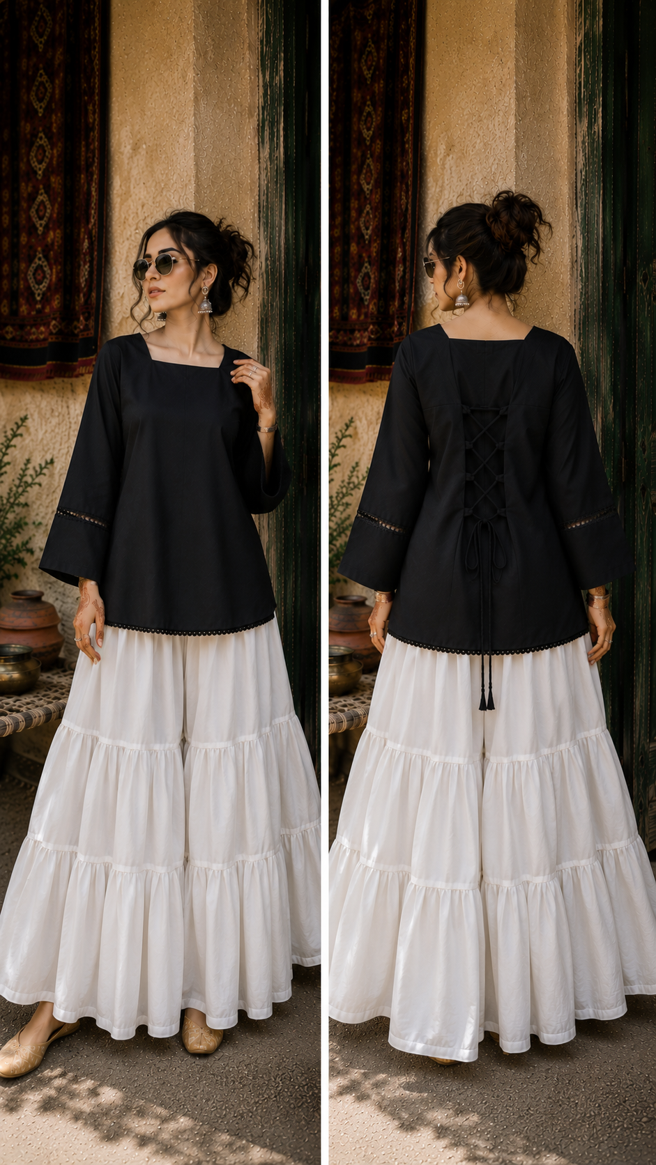 Elegant Lace-Up Co-Ord Set for Women – Black & White - CS-03