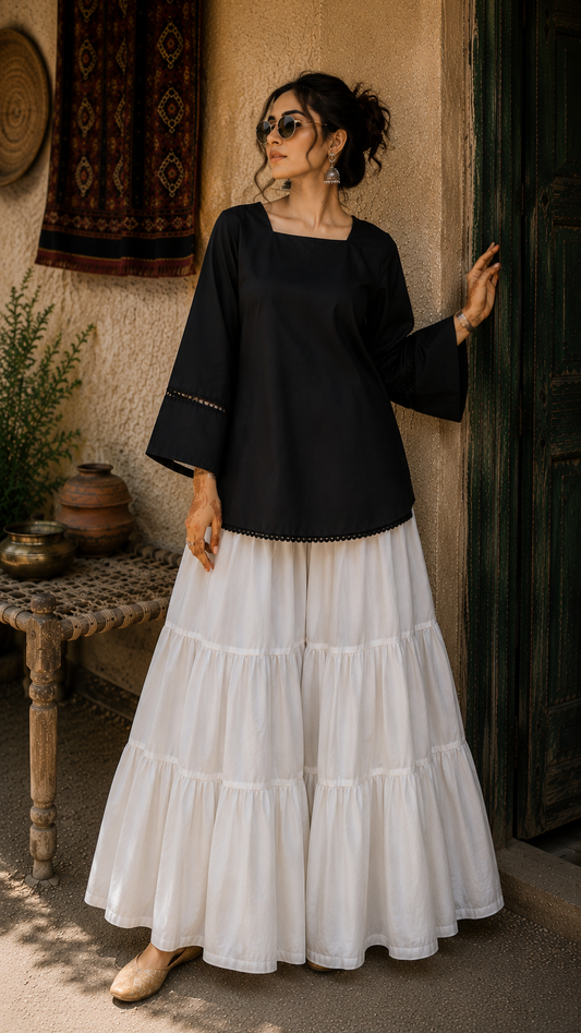Elegant Lace-Up Co-Ord Set for Women – Black & White - CS-03