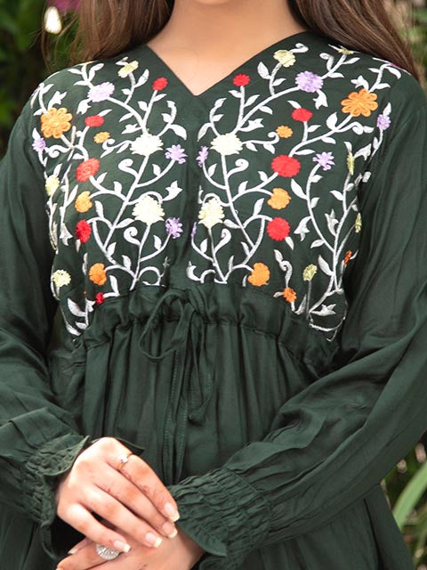 Green V Neck Shirred Embroidered (AB-510)